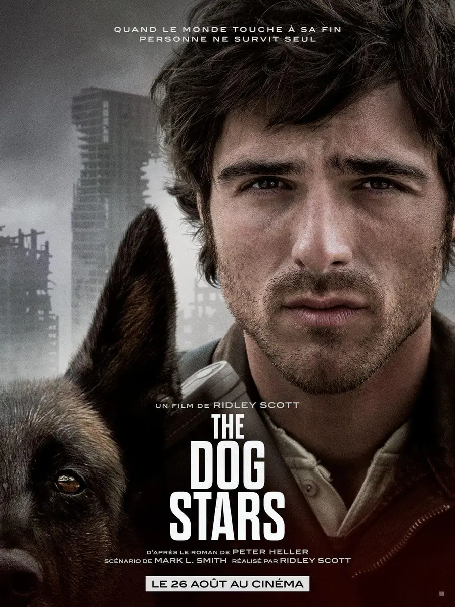 Affiche française de The Dog Stars montrant Hig et son chien devant une ville en ruines.